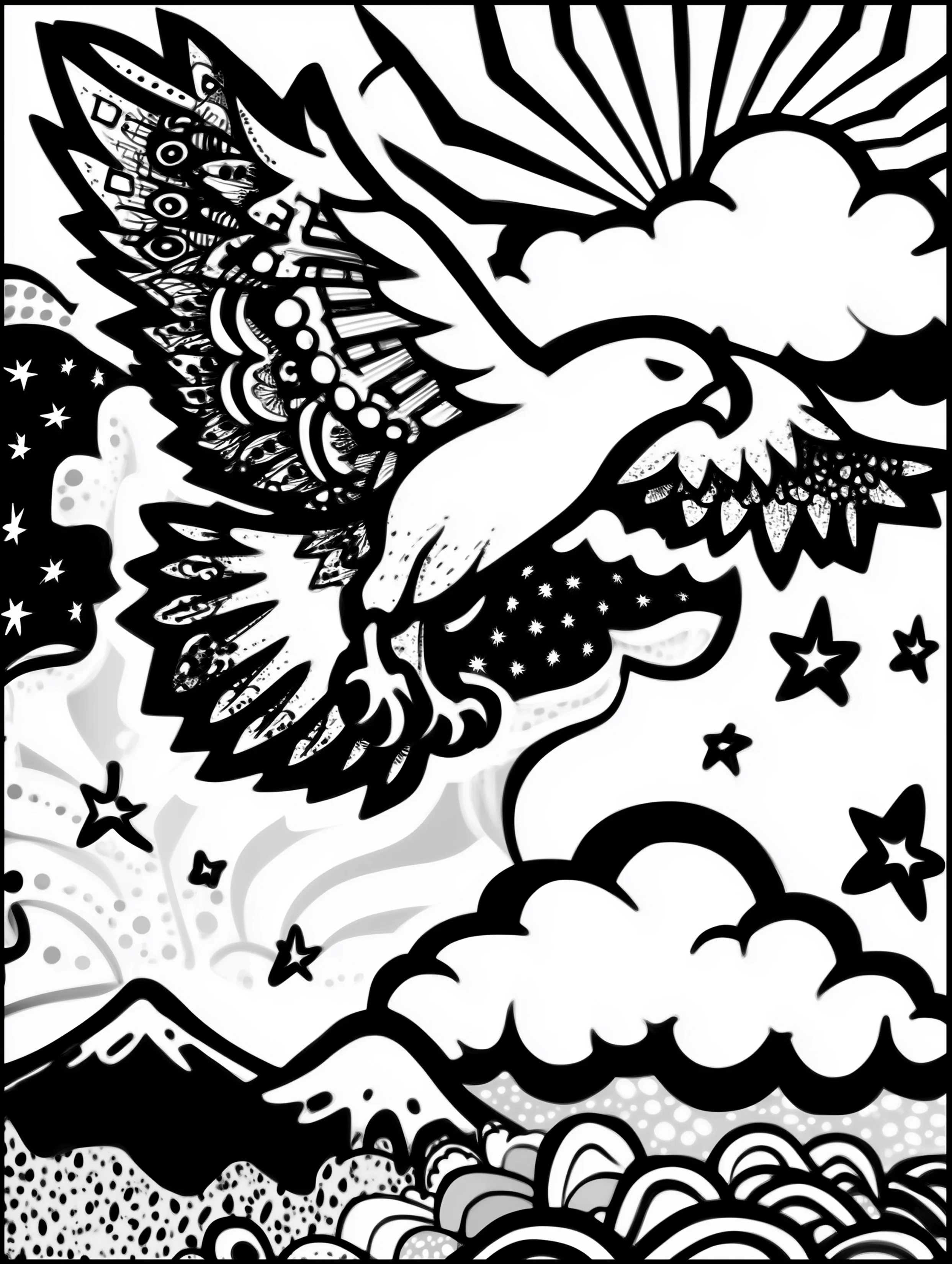 Free printable eagle coloring page for adults featuring an eagle flying high in the sky